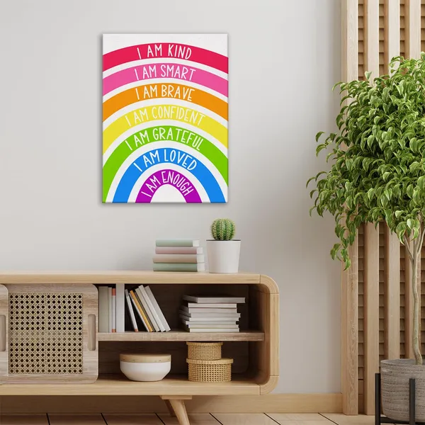 Multicolor_Rainbow_Kids_Affirmations_Wall_Art_Canvas_Painting_Print_Framed_I_Am_Kind_Smart_Loved_Artwork_Canvas_Sign_|_For_Nursery_Decor_(12_X_16_Inch)