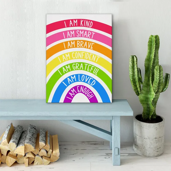 Multicolor_Rainbow_Kids_Affirmations_Wall_Art_Canvas_Painting_Print_Framed_I_Am_Kind_Smart_Loved_Artwork_Canvas_Sign_|_For_Nursery_Decor_(12_X_16_Inch)