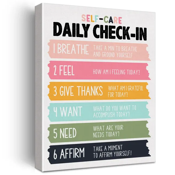 Multicolor_Self_Care_Wall_Art_Canvas_Painting_Mindfulness_Print_Framed_Daily_Check-In_Mental_Health_Poster_Canvas_Sign_|_For_Therapy_Office_Decor_(12_X_16_Inch)