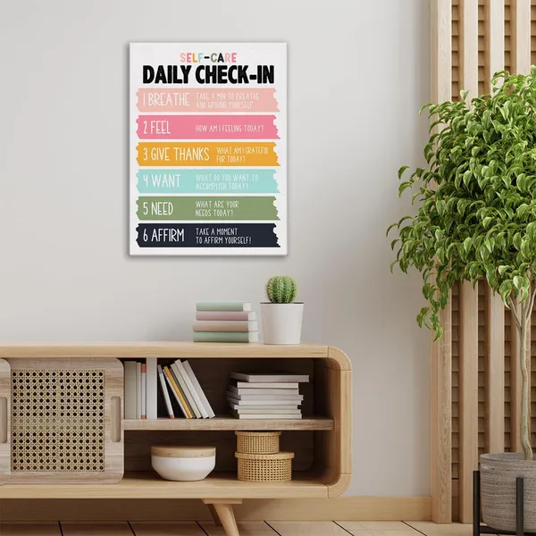 Multicolor_Self_Care_Wall_Art_Canvas_Painting_Mindfulness_Print_Framed_Daily_Check-In_Mental_Health_Poster_Canvas_Sign_|_For_Therapy_Office_Decor_(12_X_16_Inch)