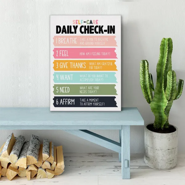 Multicolor_Self_Care_Wall_Art_Canvas_Painting_Mindfulness_Print_Framed_Daily_Check-In_Mental_Health_Poster_Canvas_Sign_|_For_Therapy_Office_Decor_(12_X_16_Inch)