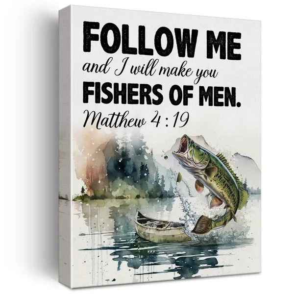 Multicolor_Christian_Bible_Verse_Wall_Art_Canvas_Painting_Print_Framed_Matthew_4:19_Scriptures_Canvas_Watercolor_Fish_Poster_Sign_|_For_Home_Decor_(12_X_16_Inch),_Fishing_Lover_Gifts