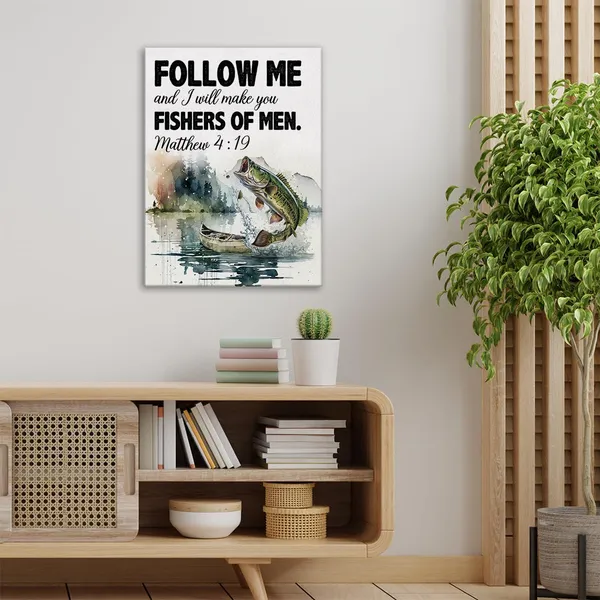 Multicolor_Christian_Bible_Verse_Wall_Art_Canvas_Painting_Print_Framed_Matthew_4:19_Scriptures_Canvas_Watercolor_Fish_Poster_Sign_|_For_Home_Decor_(12_X_16_Inch),_Fishing_Lover_Gifts