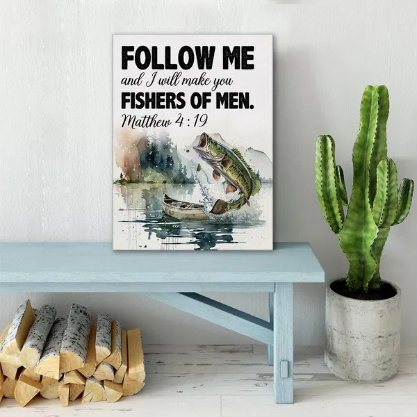 Multicolor_Christian_Bible_Verse_Wall_Art_Canvas_Painting_Print_Framed_Matthew_4:19_Scriptures_Canvas_Watercolor_Fish_Poster_Sign_|_For_Home_Decor_(12_X_16_Inch),_Fishing_Lover_Gifts