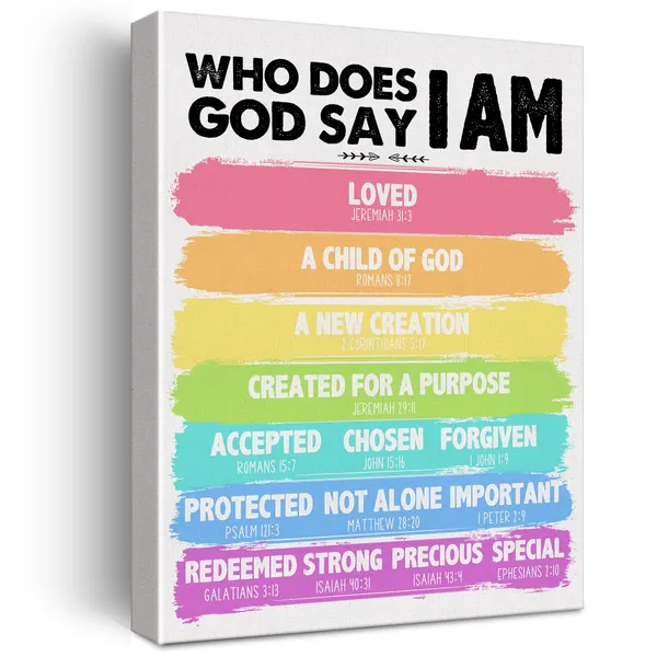 Multicolor_Christian_Kids_Affirmations_Wall_Art_Canvas_Painting_Bible_Verse_Print_Framed_God_Say_I_Am_Scripture_Identity_In_Christ_Canvas_Poster_Sign_|_For_Classroom_Nursery_Home_Decor_(12_X_16_Inch)