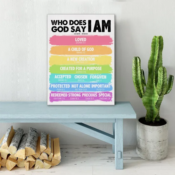 Multicolor_Christian_Kids_Affirmations_Wall_Art_Canvas_Painting_Bible_Verse_Print_Framed_God_Say_I_Am_Scripture_Identity_In_Christ_Canvas_Poster_Sign_|_For_Classroom_Nursery_Home_Decor_(12_X_16_Inch)