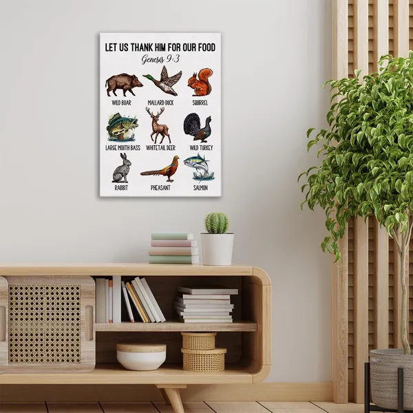 Multicolor_Bible_Verse_Christian_Hunting_Wall_Art_Canvas_Painting_Print_Framed_Let_Us_Thank_Him_|_For_Our_Food_Genesis_9:3_Scriptures_Canvas_Hunting_Poster_Sign_|_For_Home_Decor_(12_X_16_Inch)