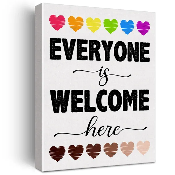 Multicolor_Everyone_Is_Welcome_Here_Diversity_Wall_Art_Canvas_Painting_Print_Framed_Inclusion_Artwork_Lgbtq_Canvas_Sign_|_For_Classroom_Decor_(12_X_16_Inch)