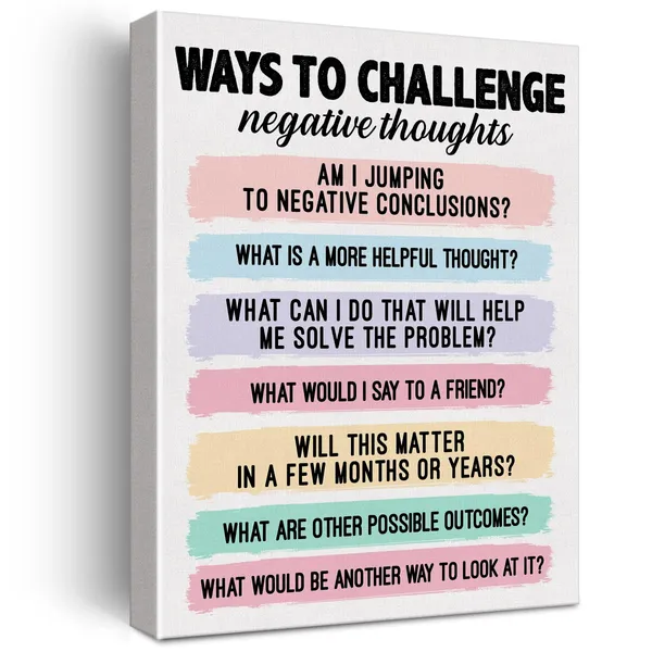 Multicolor_Challenging_Negative_Thoughts_Mental_Health_Wall_Art_Canvas_Painting_Print_Framed_Cbt_Canvas_Sign_|_For_Therapy_Office_Counselor_Office_Decor_(12_X_16_Inch)