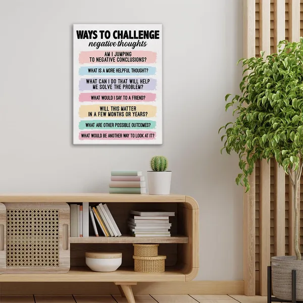 Multicolor_Challenging_Negative_Thoughts_Mental_Health_Wall_Art_Canvas_Painting_Print_Framed_Cbt_Canvas_Sign_|_For_Therapy_Office_Counselor_Office_Decor_(12_X_16_Inch)
