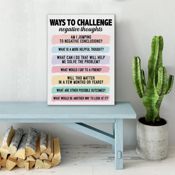 Multicolor_Challenging_Negative_Thoughts_Mental_Health_Wall_Art_Canvas_Painting_Print_Framed_Cbt_Canvas_Sign_|_For_Therapy_Office_Counselor_Office_Decor_(12_X_16_Inch)