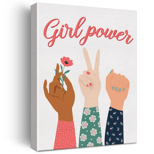 Multicolor_Girl_Power_Feminist_Wall_Art_Canvas_Painting_Print_Framed_Empowerment_Artwork_Canvas_Sign_|_For_Nursery_Girl_Room_Decor_(12_X_16_Inch)