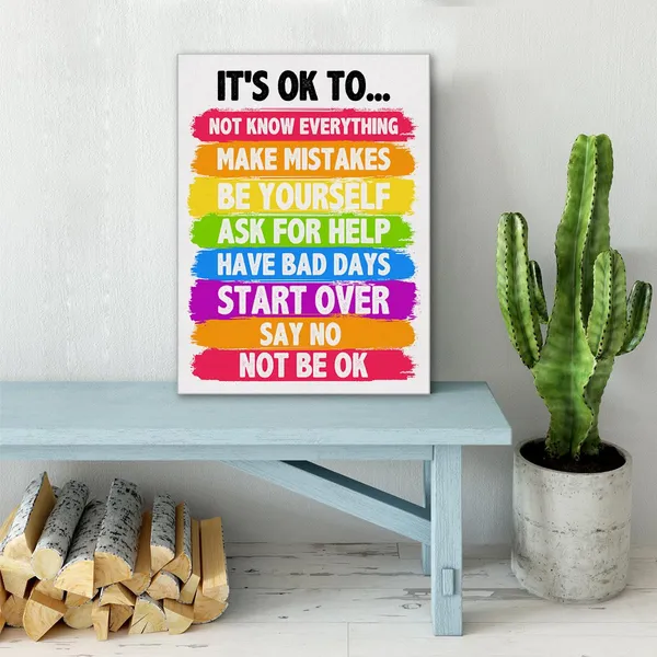 Multicolor_Positive_Affirmations_Wall_Art_Canvas_Painting_Print_Framed_It'S_Ok_Therapy_Artwork_School_Counselor_Canvas_Sign_|_For_Therapy_Office_Decor_(12_X_16_Inch)