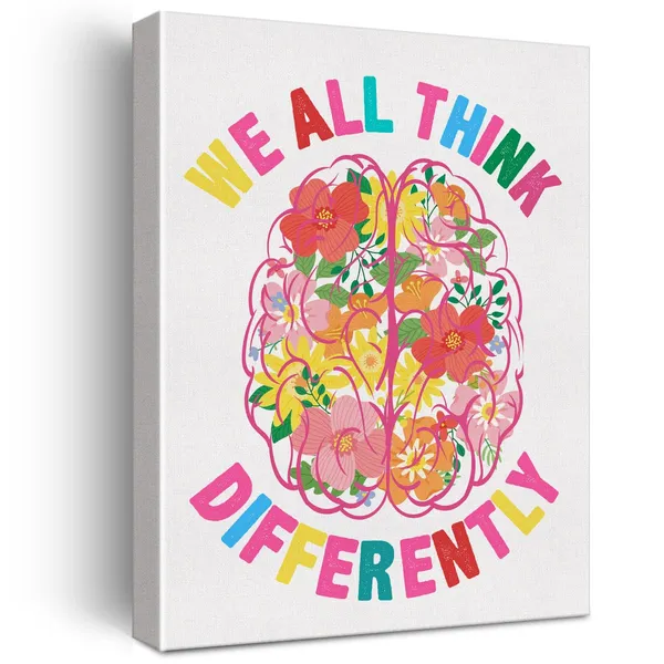 Multicolor_We_All_Think_Differently_Neurodiversity_Wall_Art_Canvas_Painting_Print_Framed_Brain_Artwork_Canvas_Sign_|_For_Counselor_Office_Decor_(12_X_16_Inch)
