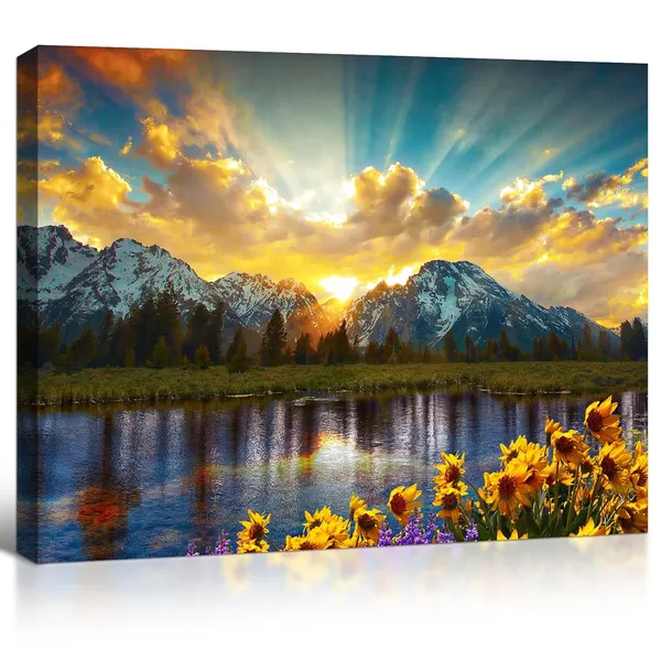 Multicolor_Grand_Teton_Wall_Art_Prints_Sunlight_Shines_On_Sunflower_Field_Picture_Mountain_River_Scenery_Canvas_Wall_Decor_Ready_To_Hang_|_For_Living_Room_Bedroom_Home_Kitchen_Framed_(12X16_Inch)