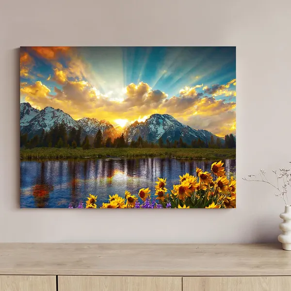 Multicolor_Grand_Teton_Wall_Art_Prints_Sunlight_Shines_On_Sunflower_Field_Picture_Mountain_River_Scenery_Canvas_Wall_Decor_Ready_To_Hang_|_For_Living_Room_Bedroom_Home_Kitchen_Framed_(12X16_Inch)