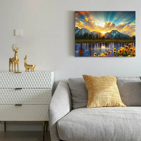 Multicolor_Grand_Teton_Wall_Art_Prints_Sunlight_Shines_On_Sunflower_Field_Picture_Mountain_River_Scenery_Canvas_Wall_Decor_Ready_To_Hang_|_For_Living_Room_Bedroom_Home_Kitchen_Framed_(12X16_Inch)