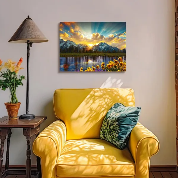 Multicolor_Grand_Teton_Wall_Art_Prints_Sunlight_Shines_On_Sunflower_Field_Picture_Mountain_River_Scenery_Canvas_Wall_Decor_Ready_To_Hang_|_For_Living_Room_Bedroom_Home_Kitchen_Framed_(12X16_Inch)