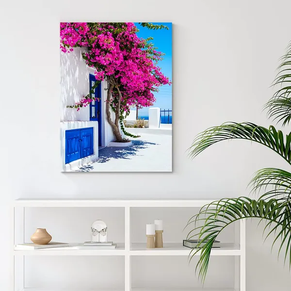 Multicolor_12"X16"_Framed_Canvas_Wall_Art_Pictures,_White_Fence_With_Blue_Door_Is_Surrounded_By_Pink_Bougainvillea_Flower,_Beautiful_Scenery_Artworks_Paintings_Prints_|_For_Home_Decoration_Walls_Decor