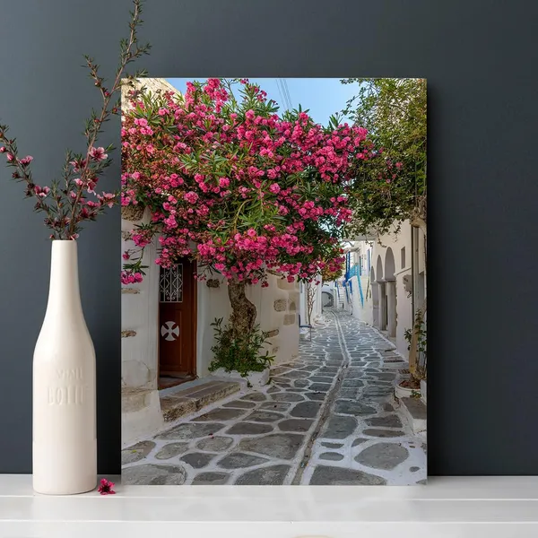 Multicolor_Greece_Beautiful_Scenery_Picture_Bougainvillea_Flower_Blooming_On_The_Roadside_Canvas_Wall_Art_Old_Town_Streets_Art_Prints_Poster_Home_Office_Decoration_Stretched_And_Framed,_12X16_Inch