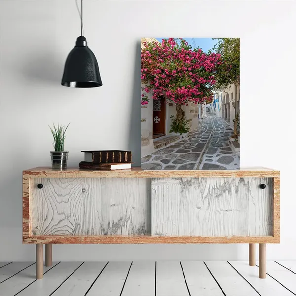 Multicolor_Greece_Beautiful_Scenery_Picture_Bougainvillea_Flower_Blooming_On_The_Roadside_Canvas_Wall_Art_Old_Town_Streets_Art_Prints_Poster_Home_Office_Decoration_Stretched_And_Framed,_12X16_Inch
