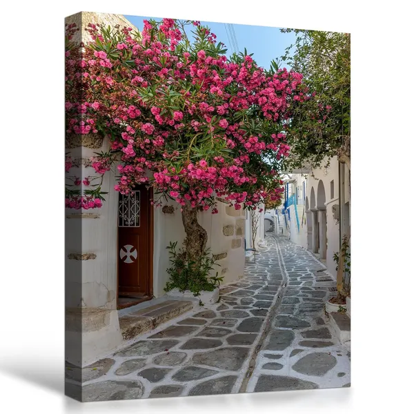 Multicolor_Greece_Beautiful_Scenery_Picture_Bougainvillea_Flower_Blooming_On_The_Roadside_Canvas_Wall_Art_Old_Town_Streets_Art_Prints_Poster_Home_Office_Decoration_Stretched_And_Framed,_12X16_Inch