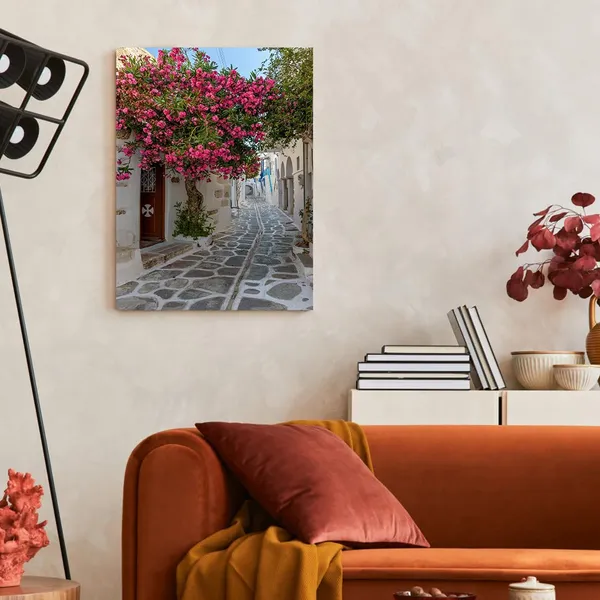 Multicolor_Greece_Beautiful_Scenery_Picture_Bougainvillea_Flower_Blooming_On_The_Roadside_Canvas_Wall_Art_Old_Town_Streets_Art_Prints_Poster_Home_Office_Decoration_Stretched_And_Framed,_12X16_Inch