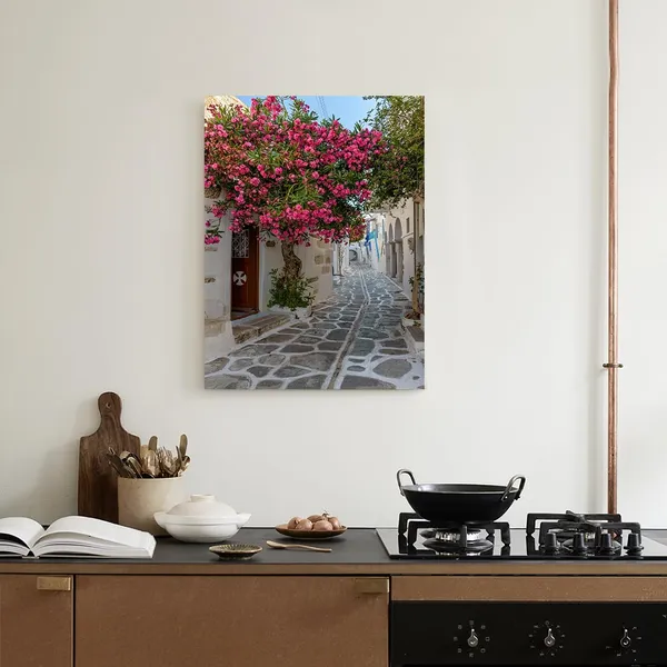 Multicolor_Greece_Beautiful_Scenery_Picture_Bougainvillea_Flower_Blooming_On_The_Roadside_Canvas_Wall_Art_Old_Town_Streets_Art_Prints_Poster_Home_Office_Decoration_Stretched_And_Framed,_12X16_Inch