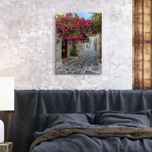 Multicolor_Greece_Beautiful_Scenery_Picture_Bougainvillea_Flower_Blooming_On_The_Roadside_Canvas_Wall_Art_Old_Town_Streets_Art_Prints_Poster_Home_Office_Decoration_Stretched_And_Framed,_12X16_Inch