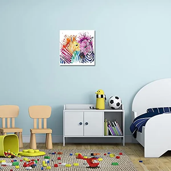Multicolor_Cute_Colorful_Zebra_Pictures_Canvas_Print_Anime_Poster_Wall_Decoration_|_For_Home_Bedroom_Girl_Room_Nursery_Room_Framed_Wall_Art_12X12_In_1_Pcs
