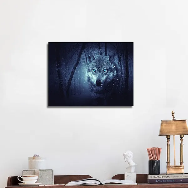 Multicolor_Wolf_Wall_Art_Natural_Giclee_Landscape_|_For_Bedroom_Living_Room_Wolf_In_The_Snowy_|_Forest_Wild_Animals_Picture_Print_In_Canvas_Black_Stretched_And_Framed_|_For_Home_Decor_12X16_Inches_1/Pcs