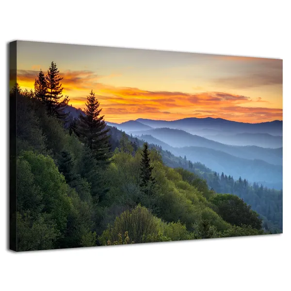 Multicolor_Nature_Canvas_Wall_Art_Great_Smoky_Mountain_Sunrise_Picture_|_For_Living_Room_Blue_Ridge_Photo_Prints_Bedroom_Decor_National_Park_Poster_|_Forest_Landscape_Painting_Framed_Artwork_Home_Decorations_12X16