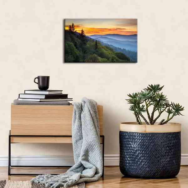 Multicolor_Nature_Canvas_Wall_Art_Great_Smoky_Mountain_Sunrise_Picture_|_For_Living_Room_Blue_Ridge_Photo_Prints_Bedroom_Decor_National_Park_Poster_|_Forest_Landscape_Painting_Framed_Artwork_Home_Decorations_12X16