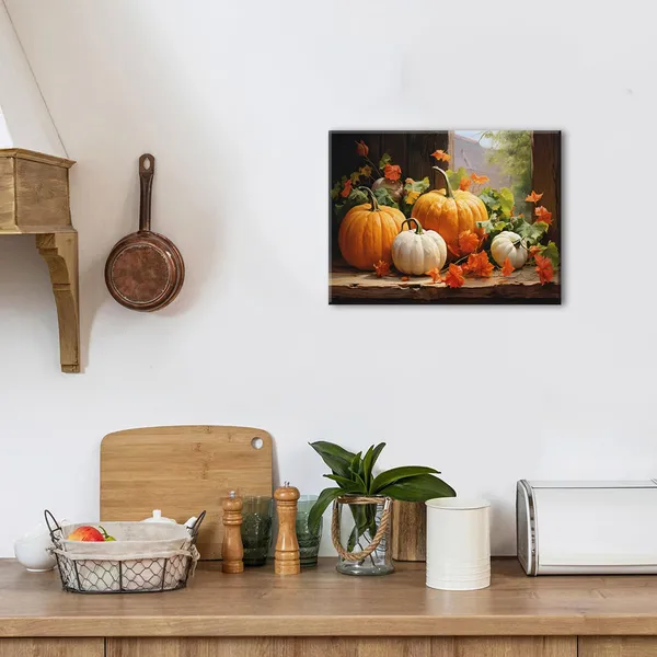 Multicolor_Fall_Pumpkin_Canvas_Wall_Art_Halloween_Pictures_Maple_Leaf_Decor_Thanksgiving_Wall_Prints_Rustic_Autumn_Themed_Wall_Decor_Framed_Modern_Artwork_|_For_Living_Room_Kitchen_Bedroom_Home_Decorations_12X16