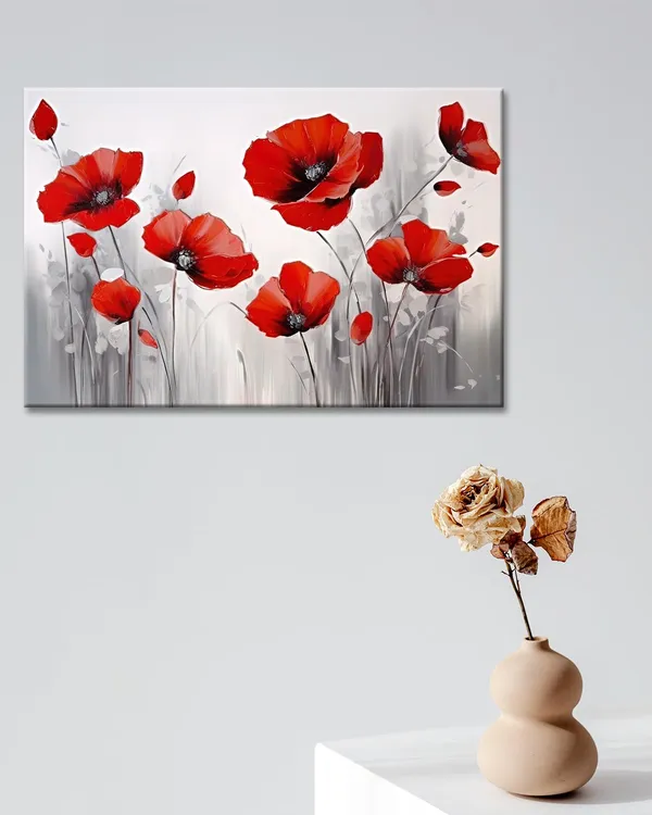 Multicolor_Red_Poppies_Wall_Art_Modern_Floral_Red_Poppy_Flower_On_Grey_Background_Painting_Poster_Canvas_Print_Artwork_|_For_Home_Bathroom_Bedroom_Decoration_(Red_Poppies,_18"X12")