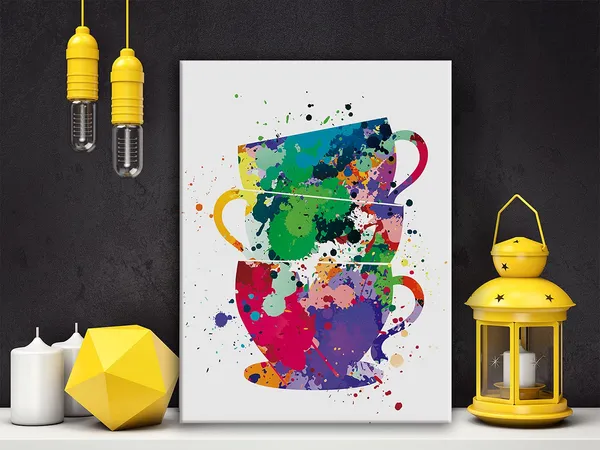Multicolor_Coffee_Cups_Watercolor_Poster_Canvas_Wall_Art_|_For_Home/Office/Kitchen_Decor_-_Tea_Cups_Canvas_Print_Wall_Art_Painting_Ready_To_Hang_Gifts_-_Easel_&_Hanging_Hook_12_X_16_Inch