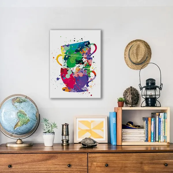 Multicolor_Coffee_Cups_Watercolor_Poster_Canvas_Wall_Art_|_For_Home/Office/Kitchen_Decor_-_Tea_Cups_Canvas_Print_Wall_Art_Painting_Ready_To_Hang_Gifts_-_Easel_&_Hanging_Hook_12_X_16_Inch