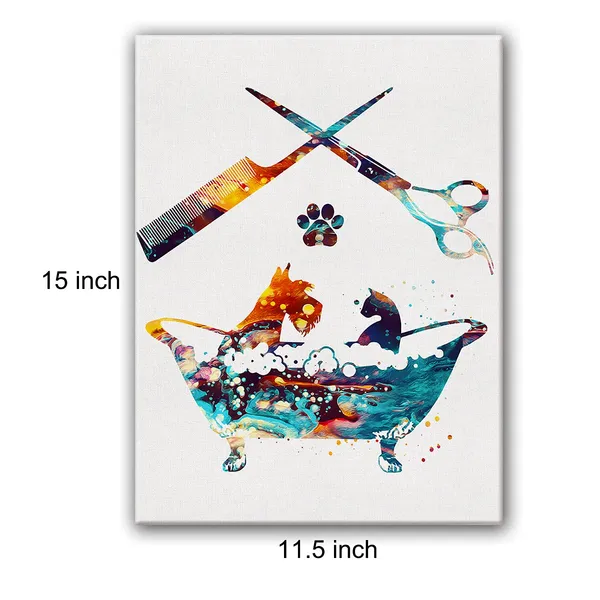 Multicolor_Dog_Grooming_Watercolor_Poster_Canvas_Wall_Art_|_For_Home/Vet_Clinic/Salon_Decor_-_Dog_Groomers_Salon_Canvas_Print_Wall_Art_Painting_Ready_To_Hang_Musician_Gifts_-_Easel_&_Hanging_Hook_12_X_16_Inch