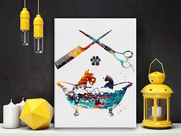 Multicolor_Dog_Grooming_Watercolor_Poster_Canvas_Wall_Art_|_For_Home/Vet_Clinic/Salon_Decor_-_Dog_Groomers_Salon_Canvas_Print_Wall_Art_Painting_Ready_To_Hang_Musician_Gifts_-_Easel_&_Hanging_Hook_12_X_16_Inch