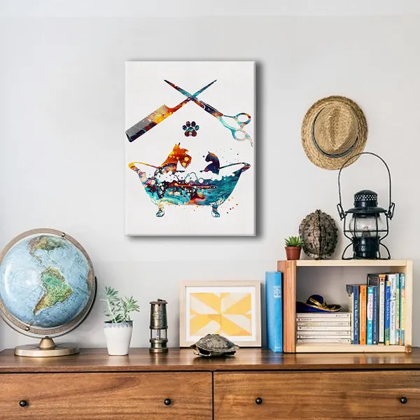 Multicolor_Dog_Grooming_Watercolor_Poster_Canvas_Wall_Art_|_For_Home/Vet_Clinic/Salon_Decor_-_Dog_Groomers_Salon_Canvas_Print_Wall_Art_Painting_Ready_To_Hang_Musician_Gifts_-_Easel_&_Hanging_Hook_12_X_16_Inch