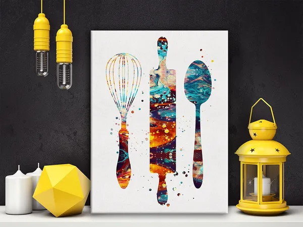 Multicolor_Baking_Utensils_Watercolor_Poster_Canvas_Wall_Art_|_For_Home/Dining_Room/Kitchen_Decor_-_Baking_Canvas_Print_Wall_Art_Painting_Ready_To_Hang_Gifts_-_Easel_&_Hanging_Hook_12_X_16_Inch