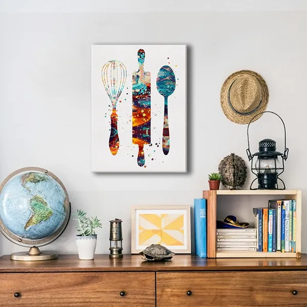 Multicolor_Baking_Utensils_Watercolor_Poster_Canvas_Wall_Art_|_For_Home/Dining_Room/Kitchen_Decor_-_Baking_Canvas_Print_Wall_Art_Painting_Ready_To_Hang_Gifts_-_Easel_&_Hanging_Hook_12_X_16_Inch