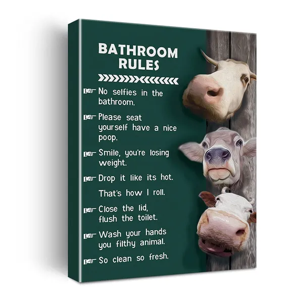 Multicolor_Funny_Rustic_Cow_Bathroom_Rules_Sign_Canvas_Wall_Art,_Toilet_Rules,_Farmhouse_Bathroom_Wall_Prints,_Ready_To_Hang,_Framed_11.5"_X_15"