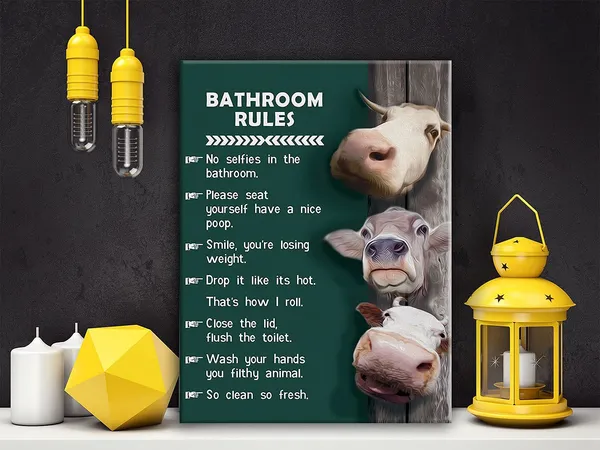 Multicolor_Funny_Rustic_Cow_Bathroom_Rules_Sign_Canvas_Wall_Art,_Toilet_Rules,_Farmhouse_Bathroom_Wall_Prints,_Ready_To_Hang,_Framed_11.5"_X_15"