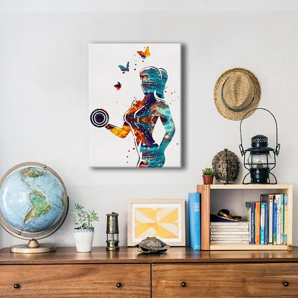 Multicolor_Fitness_Girl_Watercolor_Poster_Canvas_Wall_Art_|_For_Home/Bedroom/Gym_Decor_-_Female_Woman_Dumbbells_Weight_Lifting_Canvas_Print_Wall_Art_Painting_Ready_To_Hang_Gifts_-_Easel_&_Hanging_Hook_12_X_16_Inch