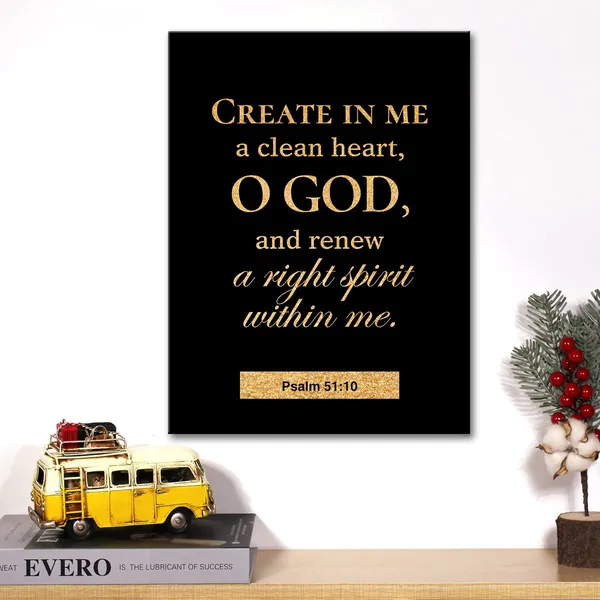 Multicolor_Christian_Gold_Foil_Canvas_Wall_Art_Motivational_Psalm_51:10_Create_In_Me_A_Clean_Heart_Print_Framed_Canvas_Painting_Artwork_Home_Decor_Gifts_12_X_16_Inch