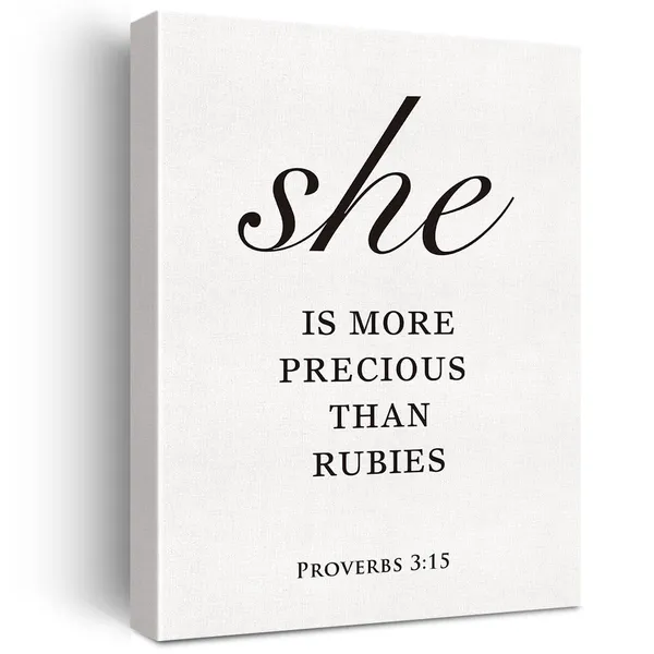 Multicolor_Christian_Canvas_Wall_Art_Motivational_She_Is_More_Precious_Than_Rubies_Proverbs_3:15_Canvas_Print_Scripture_Bible_Verse_Painting_Home_Wall_Decor_Framed_Nursery_Gift_12_X_16_Inch
