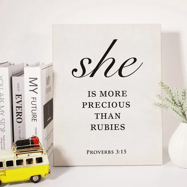 Multicolor_Christian_Canvas_Wall_Art_Motivational_She_Is_More_Precious_Than_Rubies_Proverbs_3:15_Canvas_Print_Scripture_Bible_Verse_Painting_Home_Wall_Decor_Framed_Nursery_Gift_12_X_16_Inch