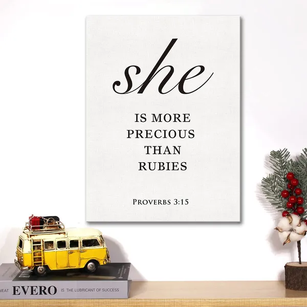 Multicolor_Christian_Canvas_Wall_Art_Motivational_She_Is_More_Precious_Than_Rubies_Proverbs_3:15_Canvas_Print_Scripture_Bible_Verse_Painting_Home_Wall_Decor_Framed_Nursery_Gift_12_X_16_Inch