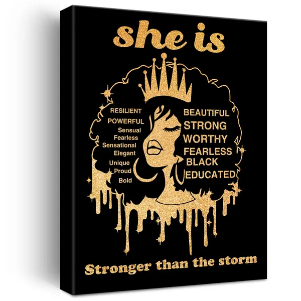 Multicolor_Black_Woman_Canvas_Wall_Art_Motivational_She_Is_Stronger_Than_The_Storm_Black_Girl_Gold_Foil_Art_Print_Framed_Canvas_Painting_Artwork_Home_Decor_Gifts_12_X_16_Inch